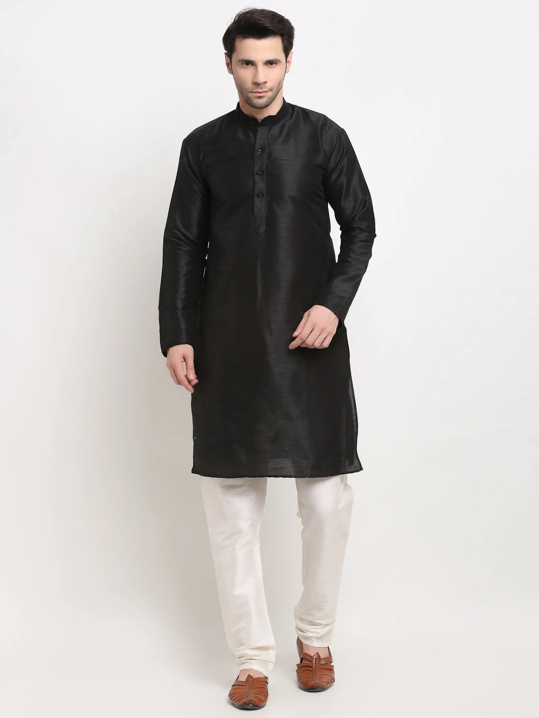 Black Silk Mens Kurta Pajama Churidar & Nehru Jacket Set