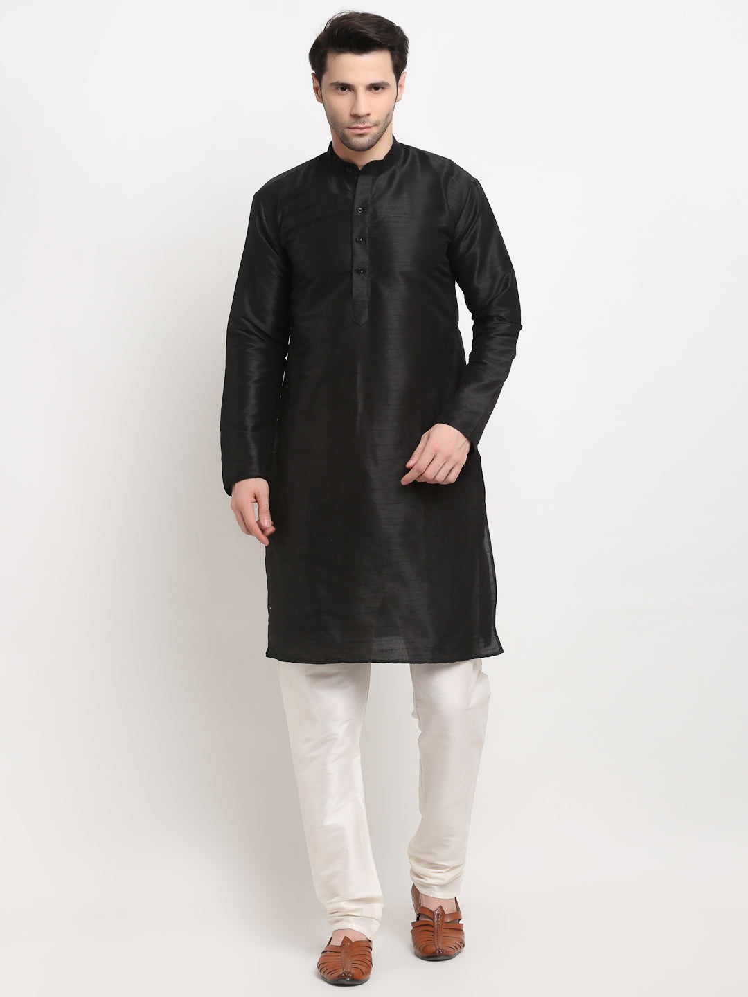 Black Silk Mens Kurta Pajama Churidar & Nehru Jacket Set
