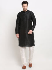 Men's Black Jet Dupion Silk Kurta with Churidar & Nehru Jacket