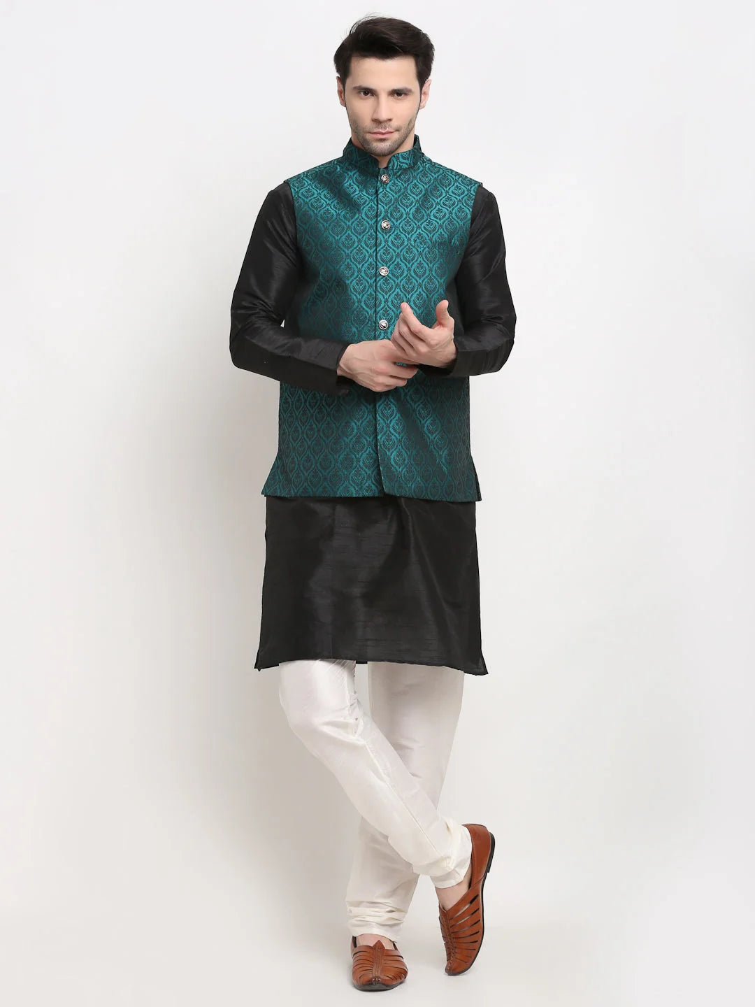 Men's Black Jet Dupion Silk Kurta with Churidar & Nehru Jacket