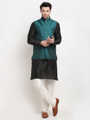 Men's Black Jet Dupion Silk Kurta with Churidar & Nehru Jacket