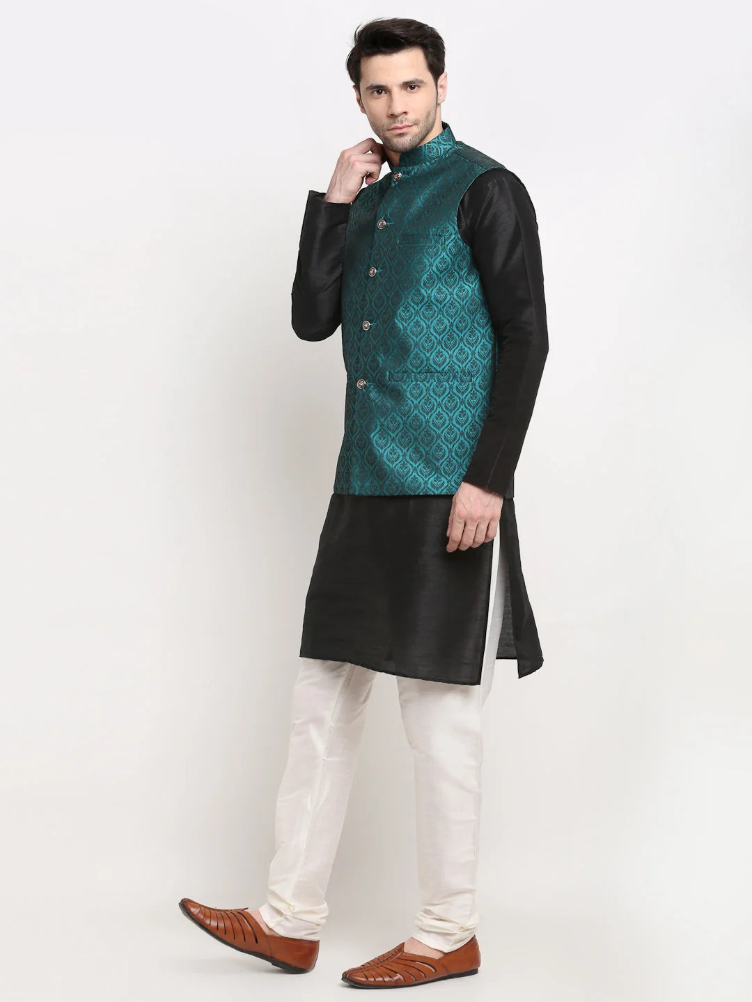 Black Silk Mens Kurta Pajama Churidar & Nehru Jacket Set