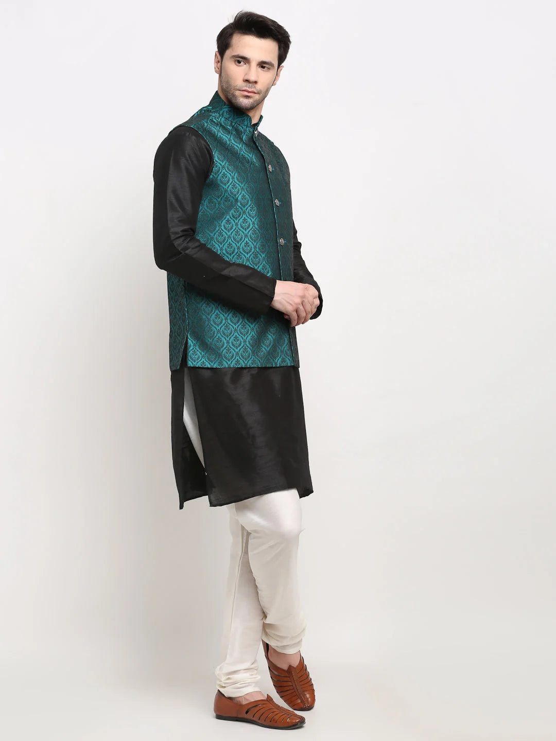 Black Silk Mens Kurta Pajama Churidar & Nehru Jacket Set