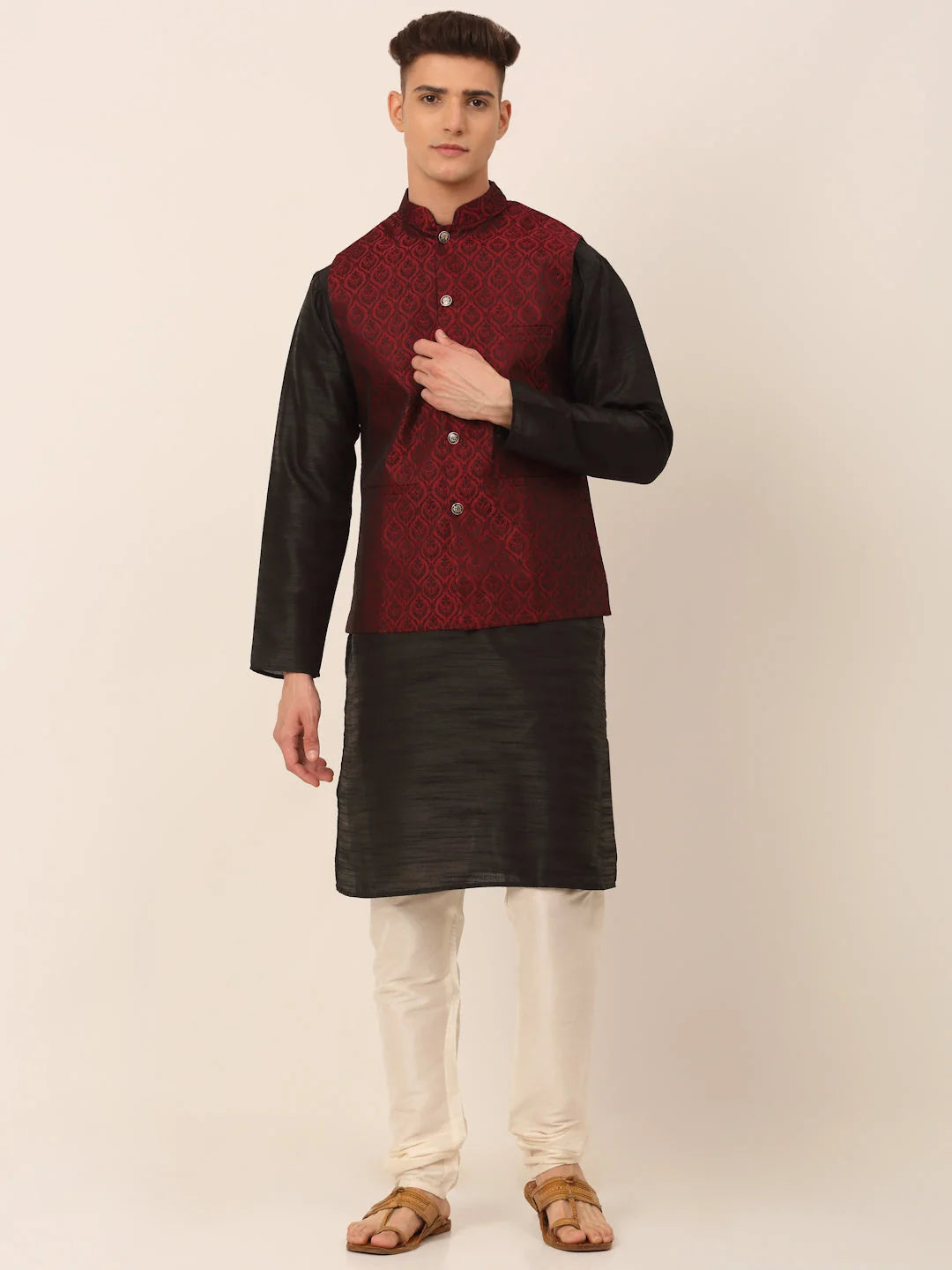 Maroon Nehru Jacket Mens Kurta Pajama Set - Cotton Fabric