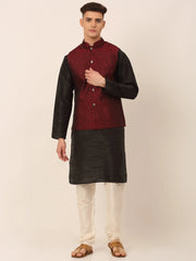 Men's Woven Design Nehru Jacket and Kurta Pyjama Set ( JOKPWC B-D 4027Maroon )-JOKPWC-B-D-4027