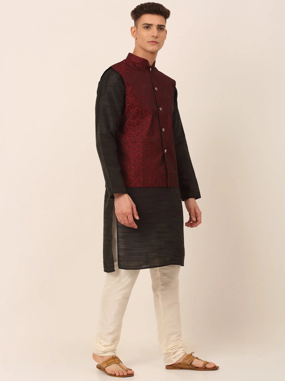 Maroon Nehru Jacket Mens Kurta Pajama Set - Cotton Fabric