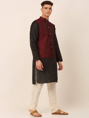 Men's Woven Design Nehru Jacket and Kurta Pyjama Set ( JOKPWC B-D 4027Maroon )-JOKPWC-B-D-4027