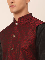 Men's Woven Design Nehru Jacket and Kurta Pyjama Set ( JOKPWC B-D 4027Maroon )-JOKPWC-B-D-4027