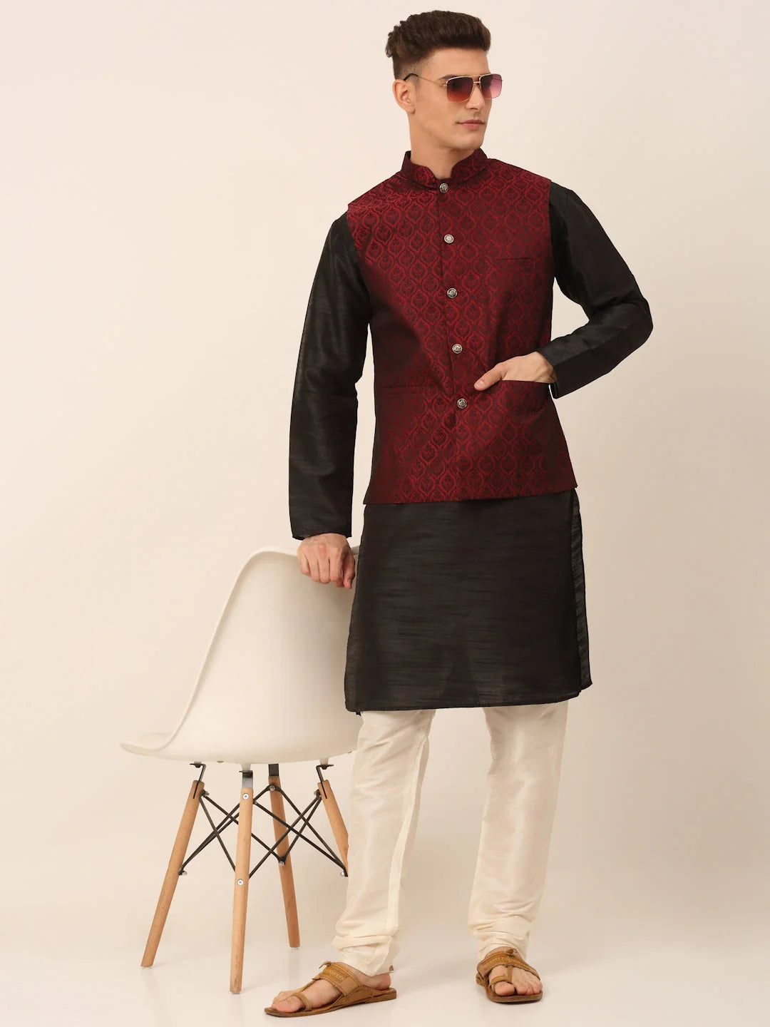 Maroon Nehru Jacket Mens Kurta Pajama Set - Cotton Fabric