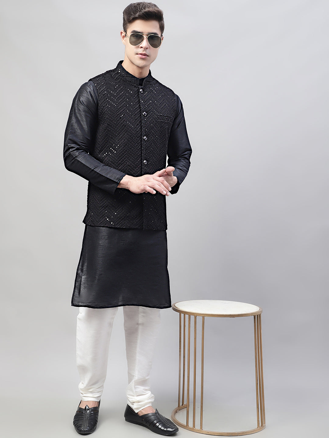 Men Black Solid Kurta Pyjama with Black Embroidered Nehru Jacket