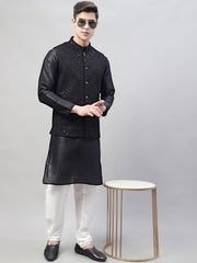 Men Black Solid Kurta Pyjama with Black Embroidered Nehru Jacket