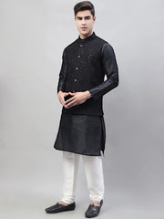 Men Black Solid Kurta Pyjama with Black Embroidered Nehru Jacket