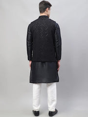 Men Black Solid Kurta Pyjama with Black Embroidered Nehru Jacket