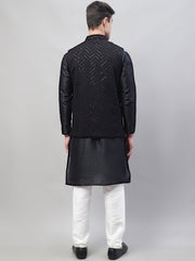 Men Black Solid Kurta Pyjama with Black Embroidered Nehru Jacket