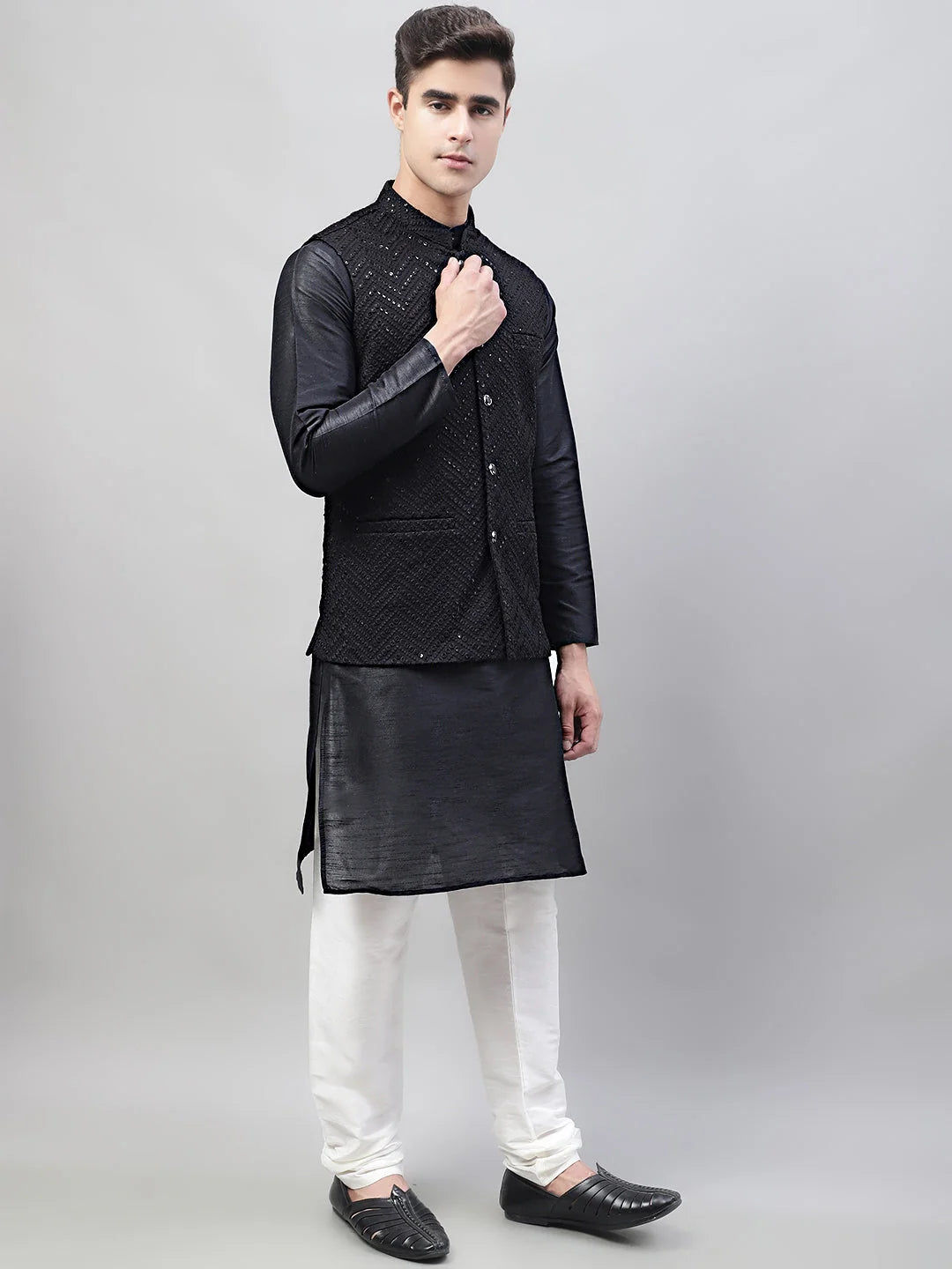 Black Kurta Pajama Set with Black Nehru Jacket | Mens Kurta