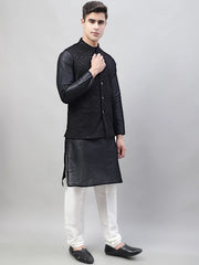 Men Black Solid Kurta Pyjama with Black Embroidered Nehru Jacket