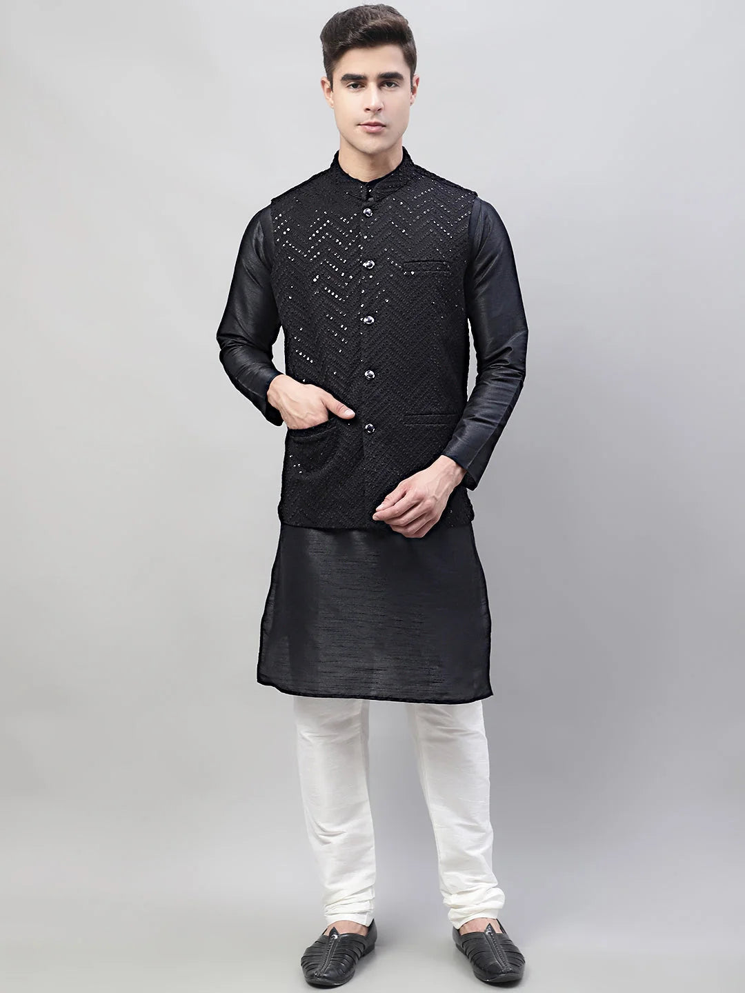 Black Kurta Pajama Set with Black Nehru Jacket | Mens Kurta