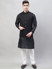 Men Black Solid Kurta Pyjama with Black Embroidered Nehru Jacket