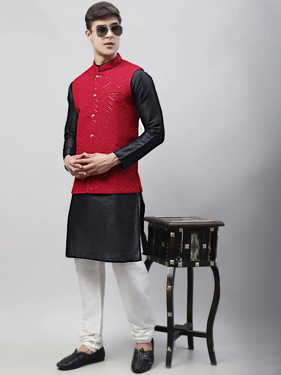 Men Black Solid Kurta Pyjama with Maroon Embroidered Nehru Jacket