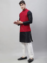 Men Black Solid Kurta Pyjama with Maroon Embroidered Nehru Jacket
