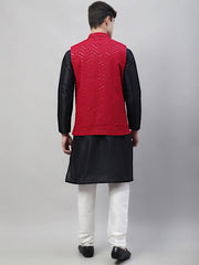 Men Black Solid Kurta Pyjama with Maroon Embroidered Nehru Jacket