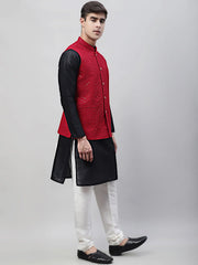 Men Black Solid Kurta Pyjama with Maroon Embroidered Nehru Jacket