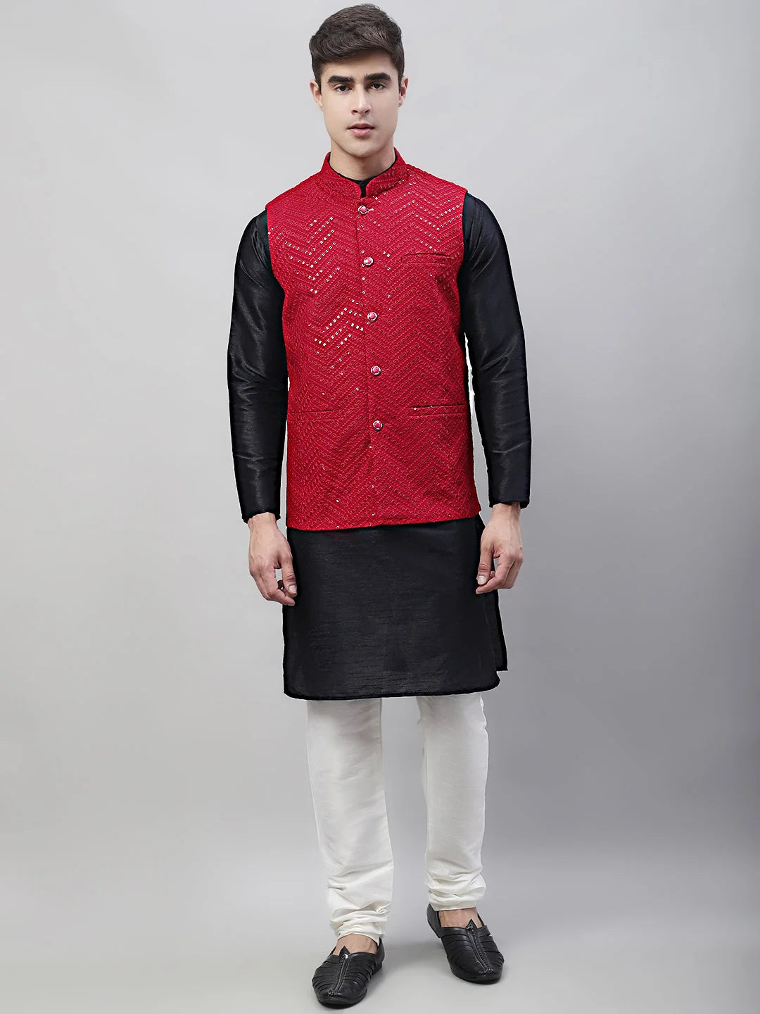 Black Kurta Pajama Set with Maroon Nehru Jacket | Pathani