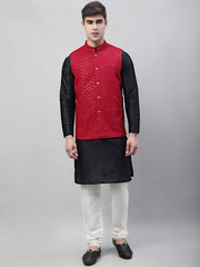 Men Black Solid Kurta Pyjama with Maroon Embroidered Nehru Jacket