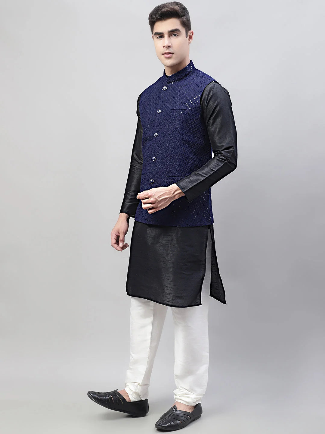 Black Kurta Pajama Set with Navy Nehru Jacket | Kurta Pajama