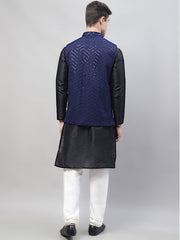 Men Black Solid Kurta Pyjama with Navy Blue Embroidered Nehru Jacket