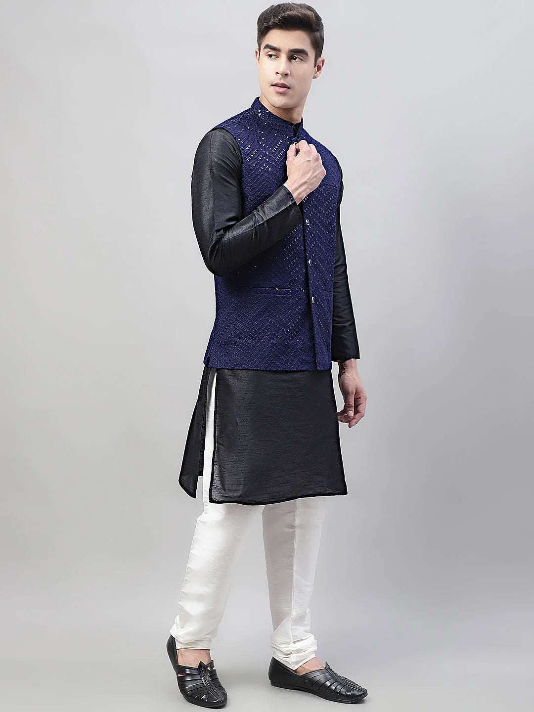 Black Kurta Pajama Set with Navy Nehru Jacket | Kurta Pajama