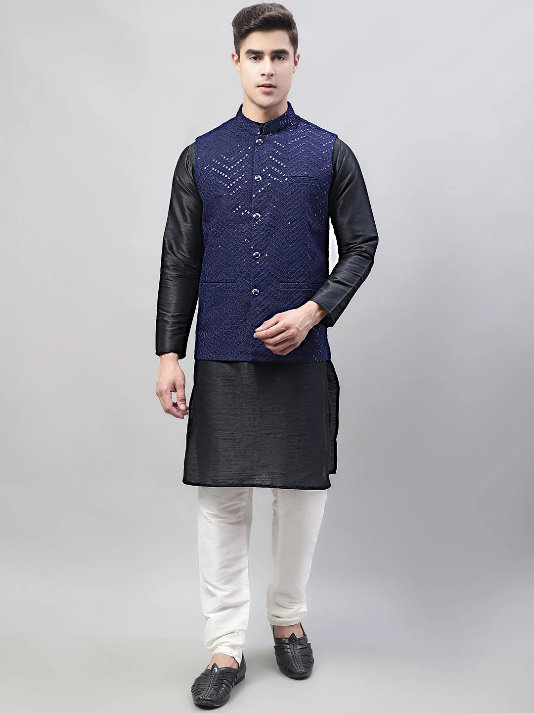 Black Kurta Pajama Set with Navy Nehru Jacket | Kurta Pajama