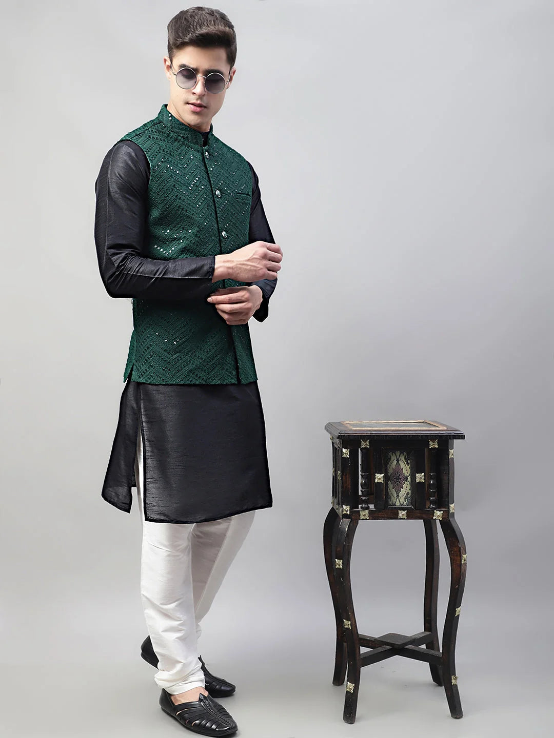 Black Kurta Pajama Set with Olive Nehru Jacket | Mens Pathani