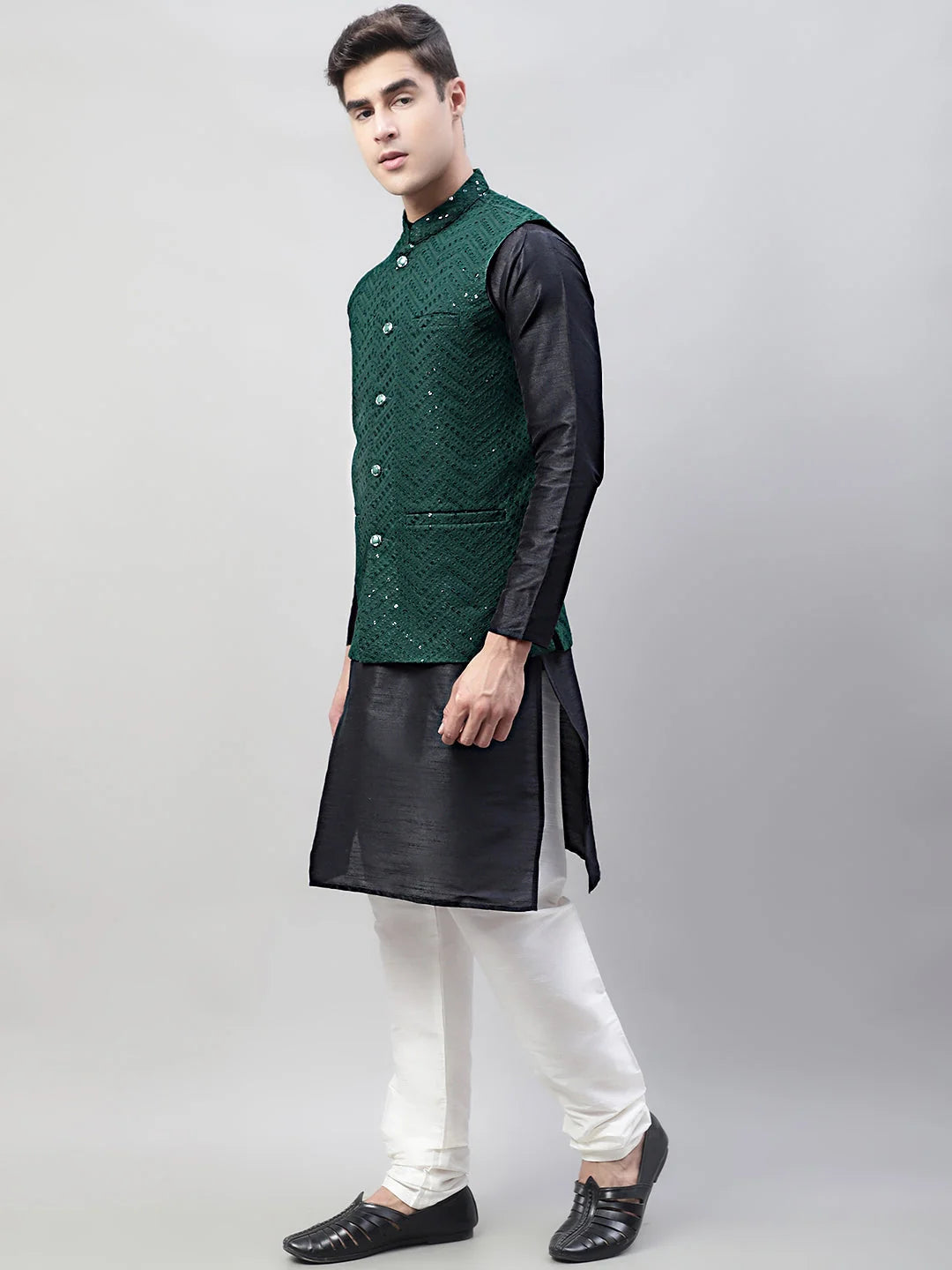 Black Kurta Pajama Set with Olive Nehru Jacket | Mens Pathani