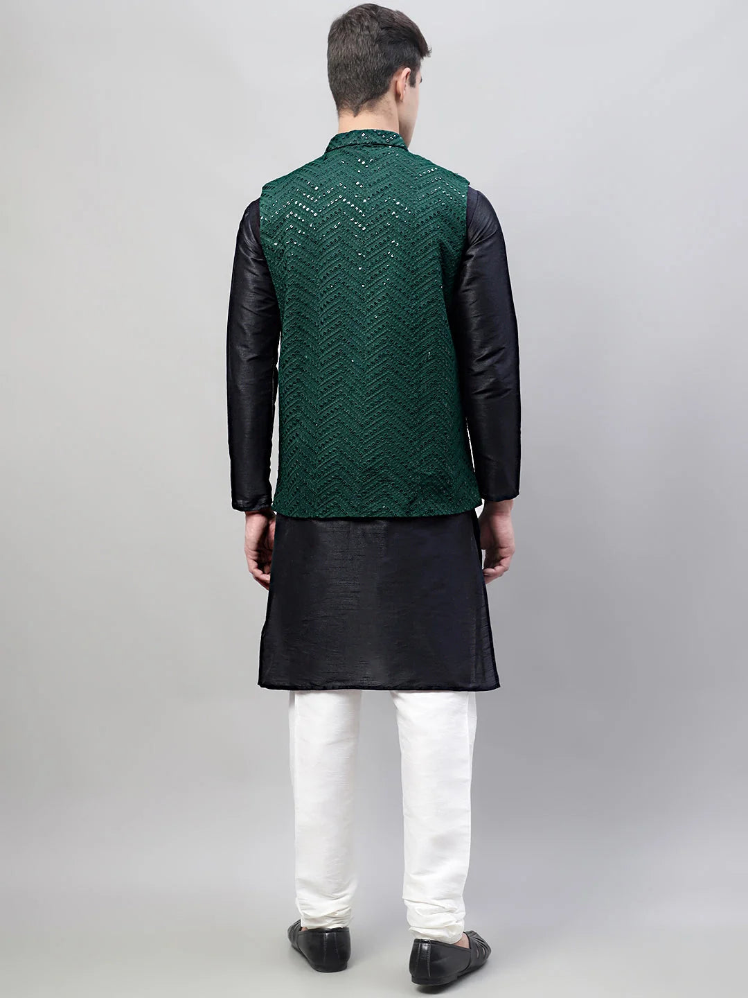 Black Kurta Pajama Set with Olive Nehru Jacket | Mens Pathani
