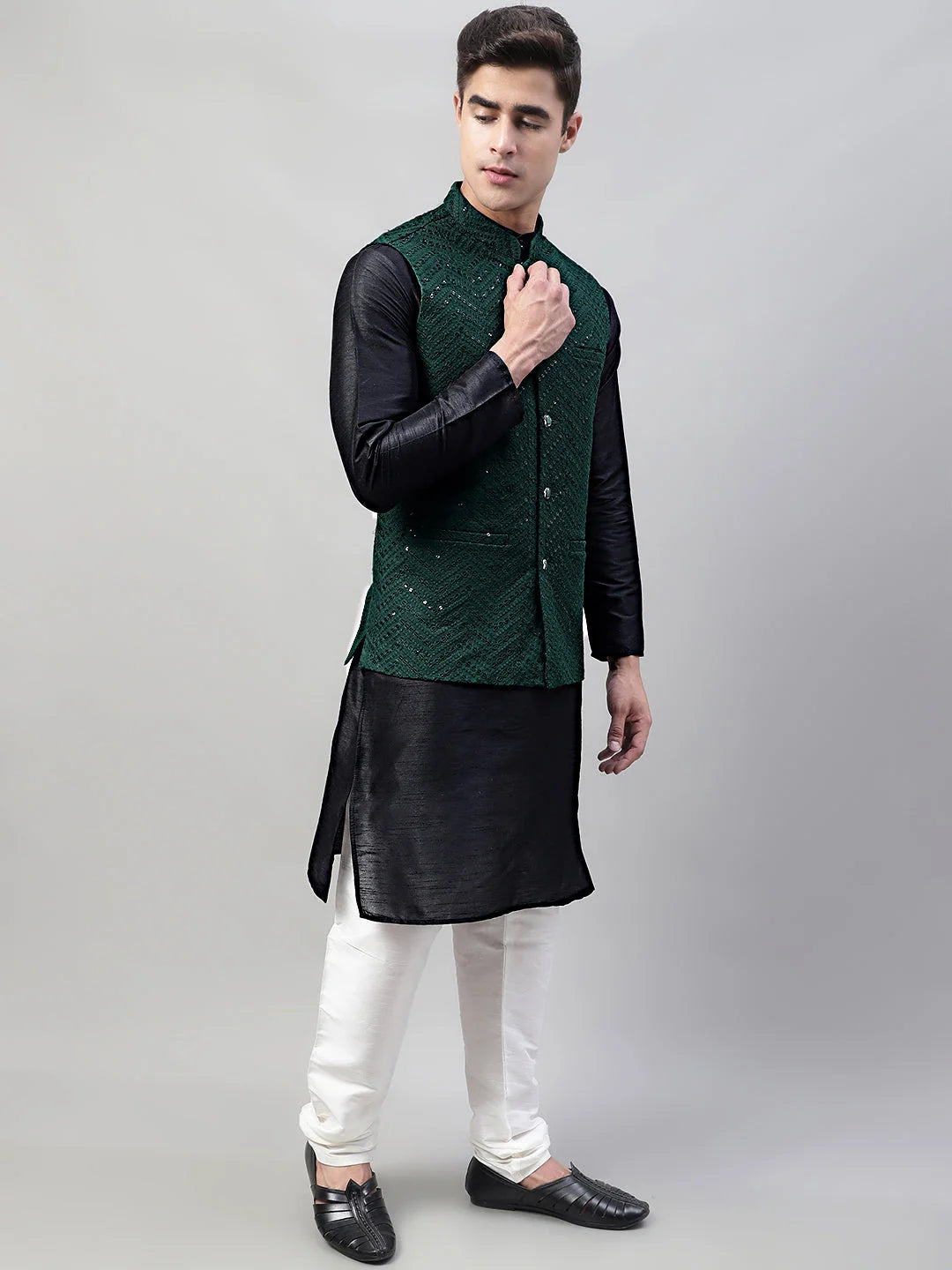Black Kurta Pajama Set with Olive Nehru Jacket | Mens Pathani