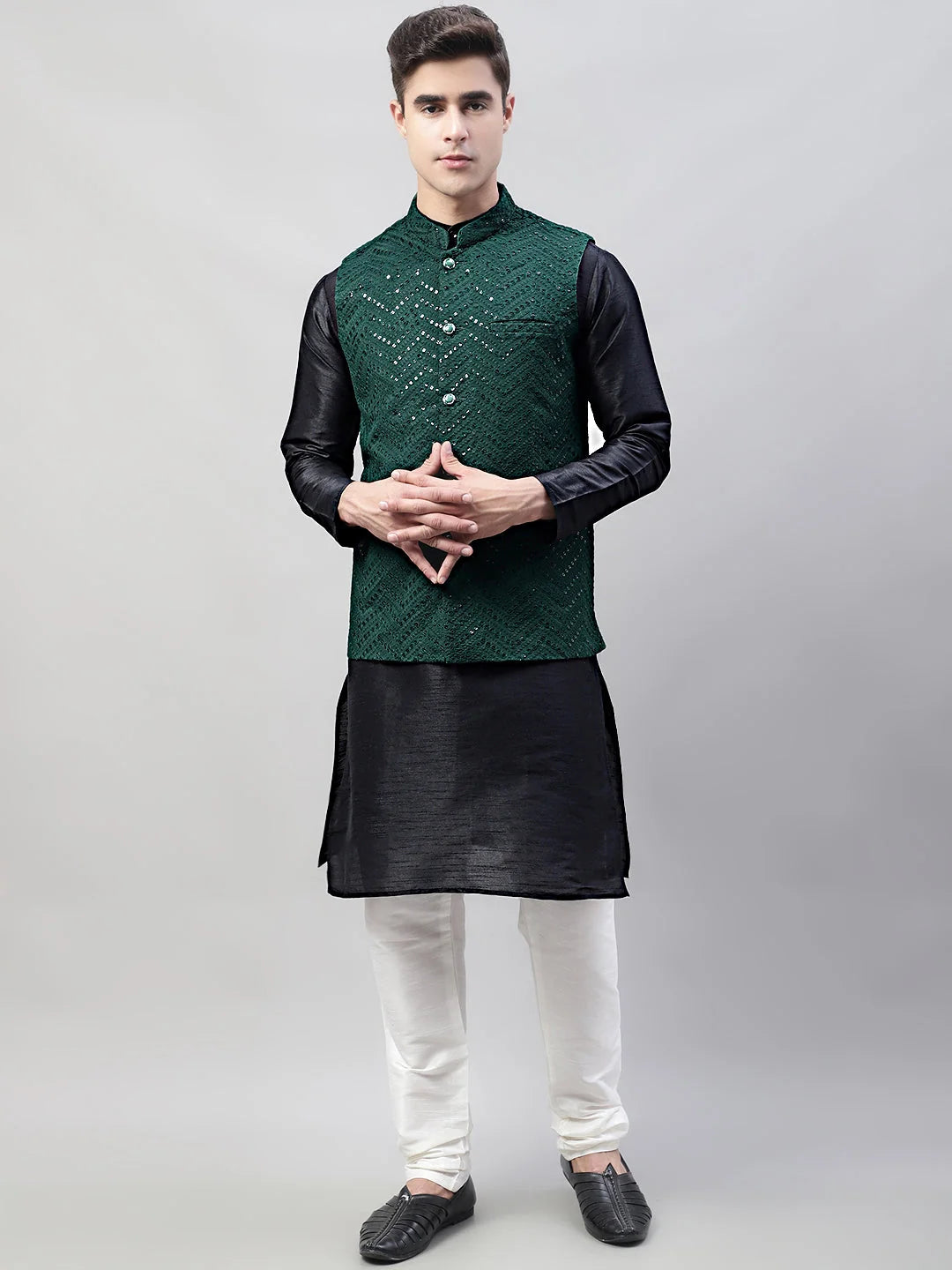 Black Kurta Pajama Set with Olive Nehru Jacket | Mens Pathani