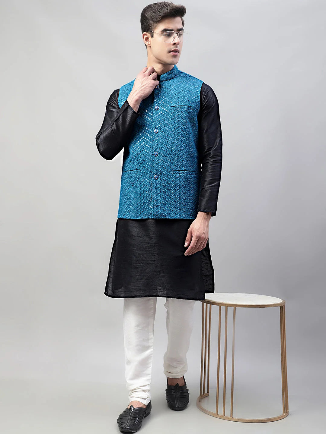 Black Kurta Pajama Set with Blue Nehru Jacket | Mens Kurta