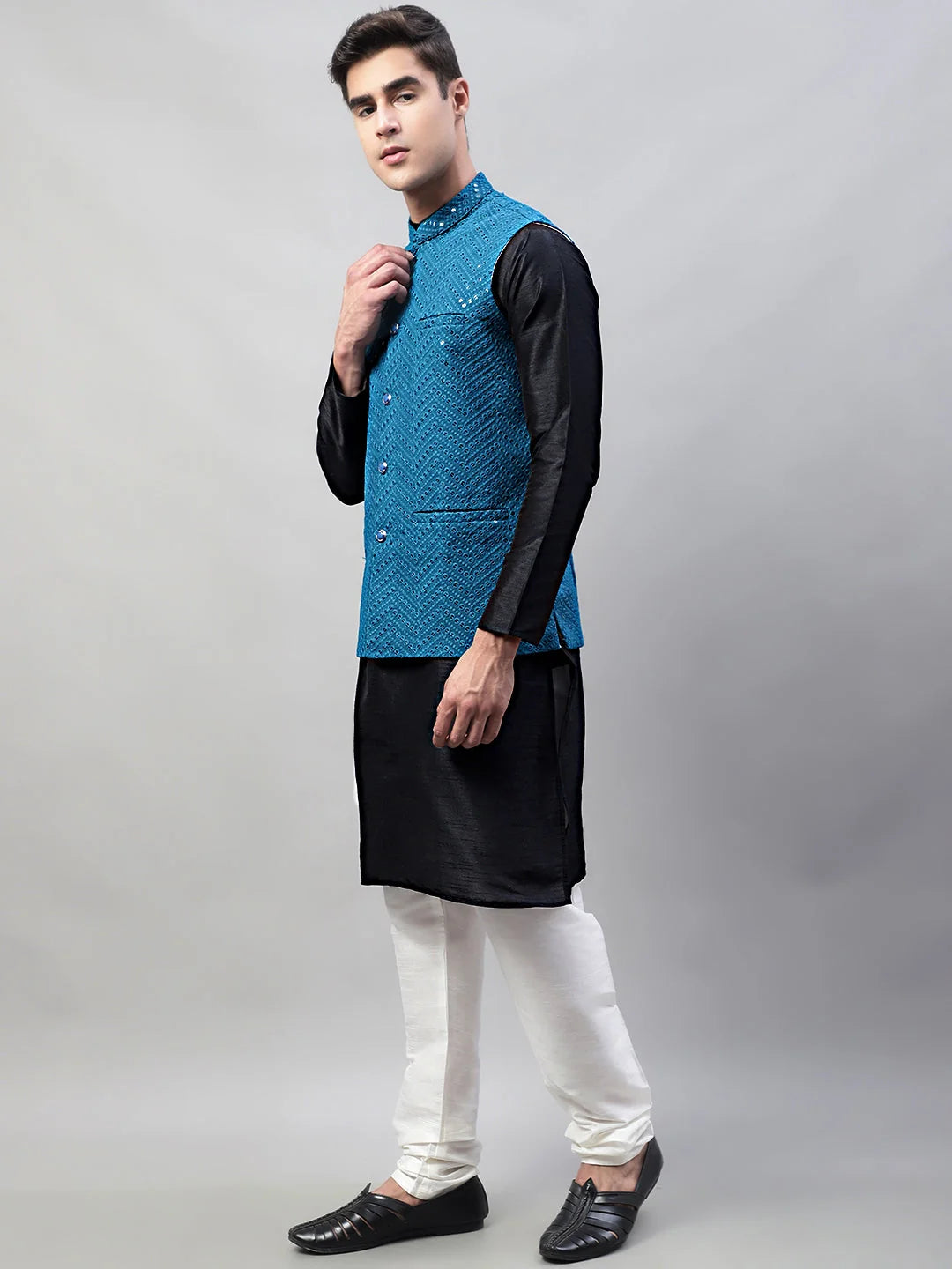 Black Kurta Pajama Set with Blue Nehru Jacket | Mens Kurta