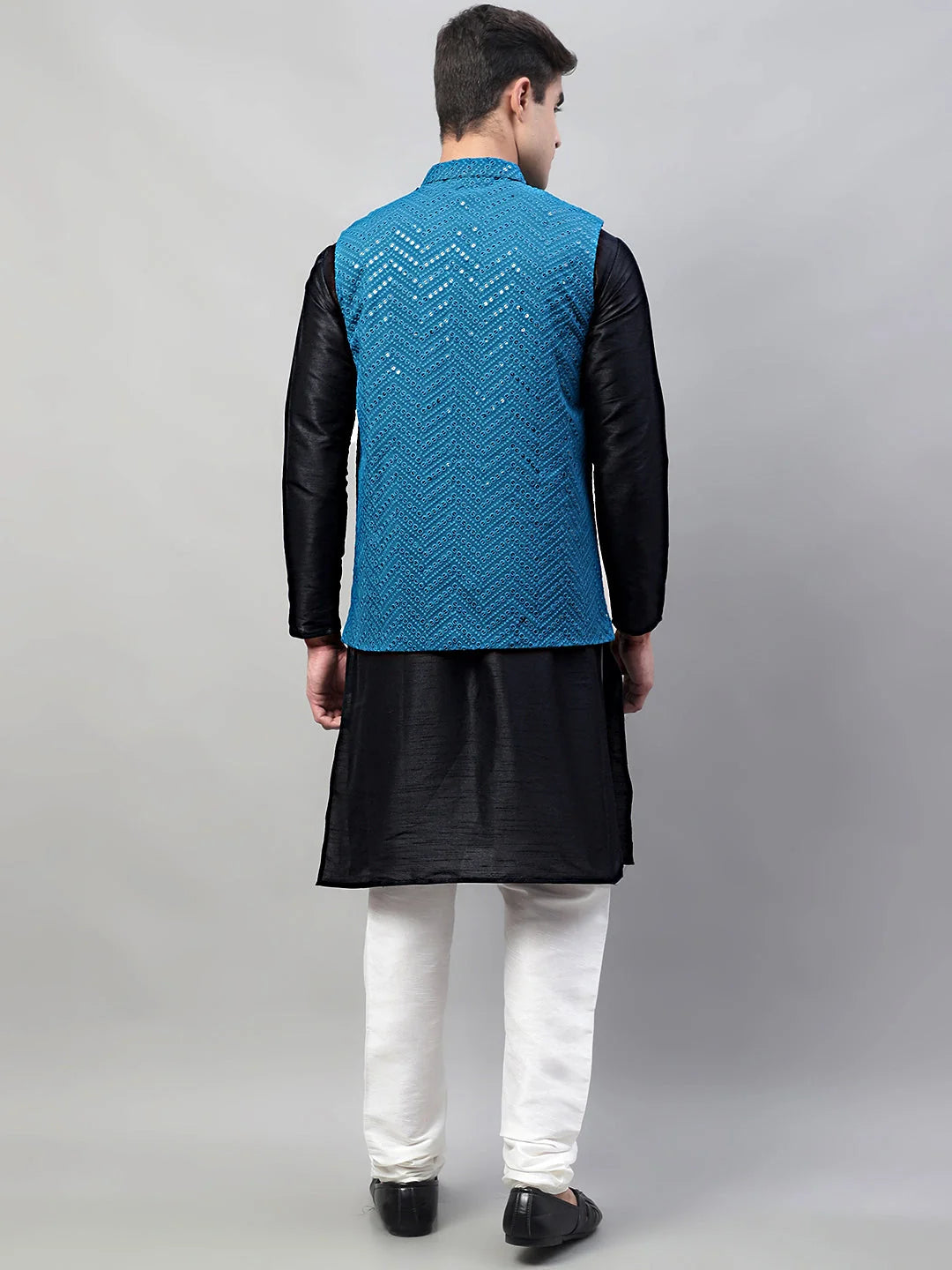 Black Kurta Pajama Set with Blue Nehru Jacket | Mens Kurta