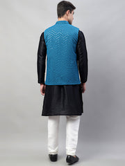 Men Black Solid Kurta Pyjama with Blue Embroidered Nehru Jacket