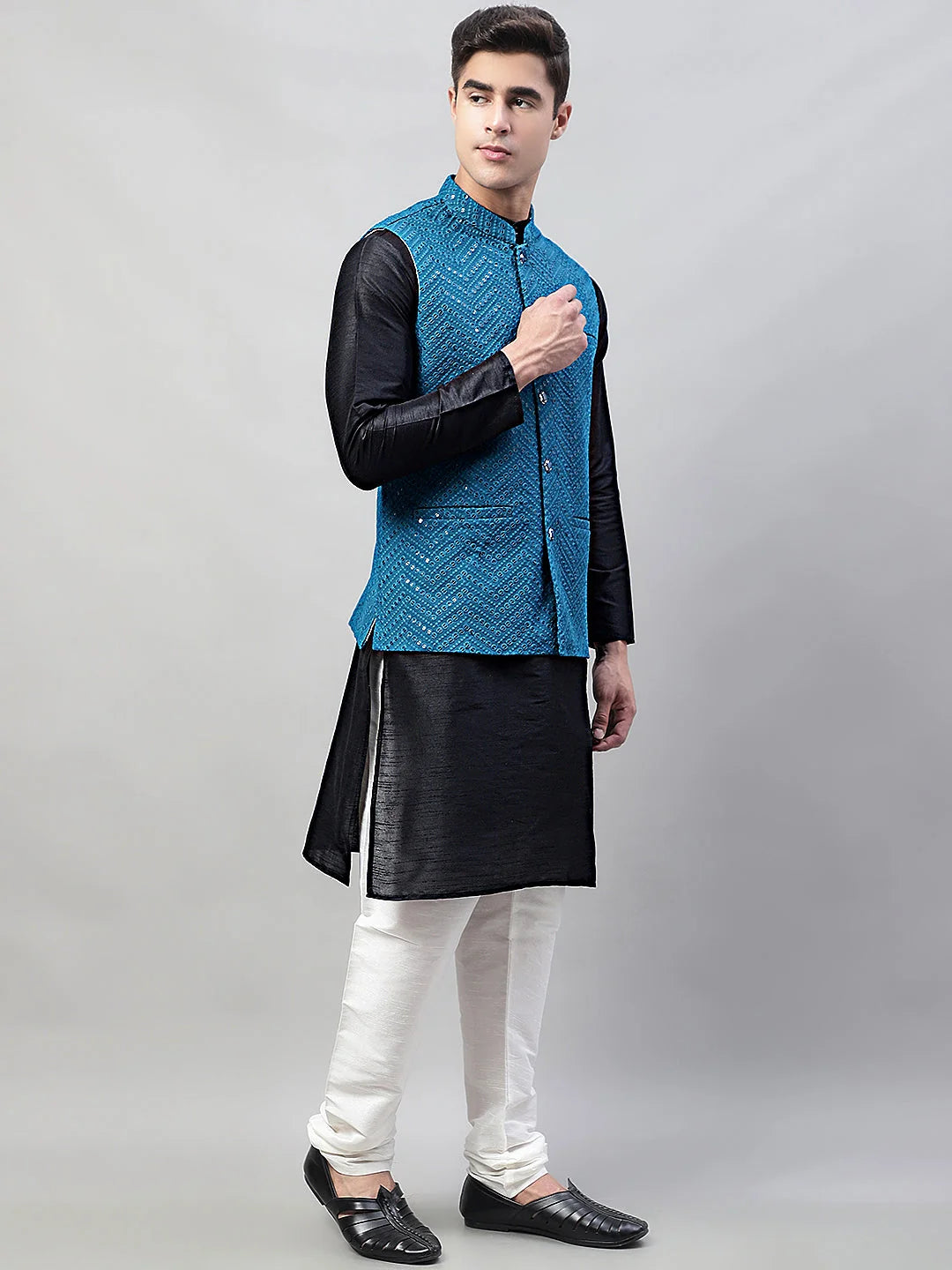 Black Kurta Pajama Set with Blue Nehru Jacket | Mens Kurta