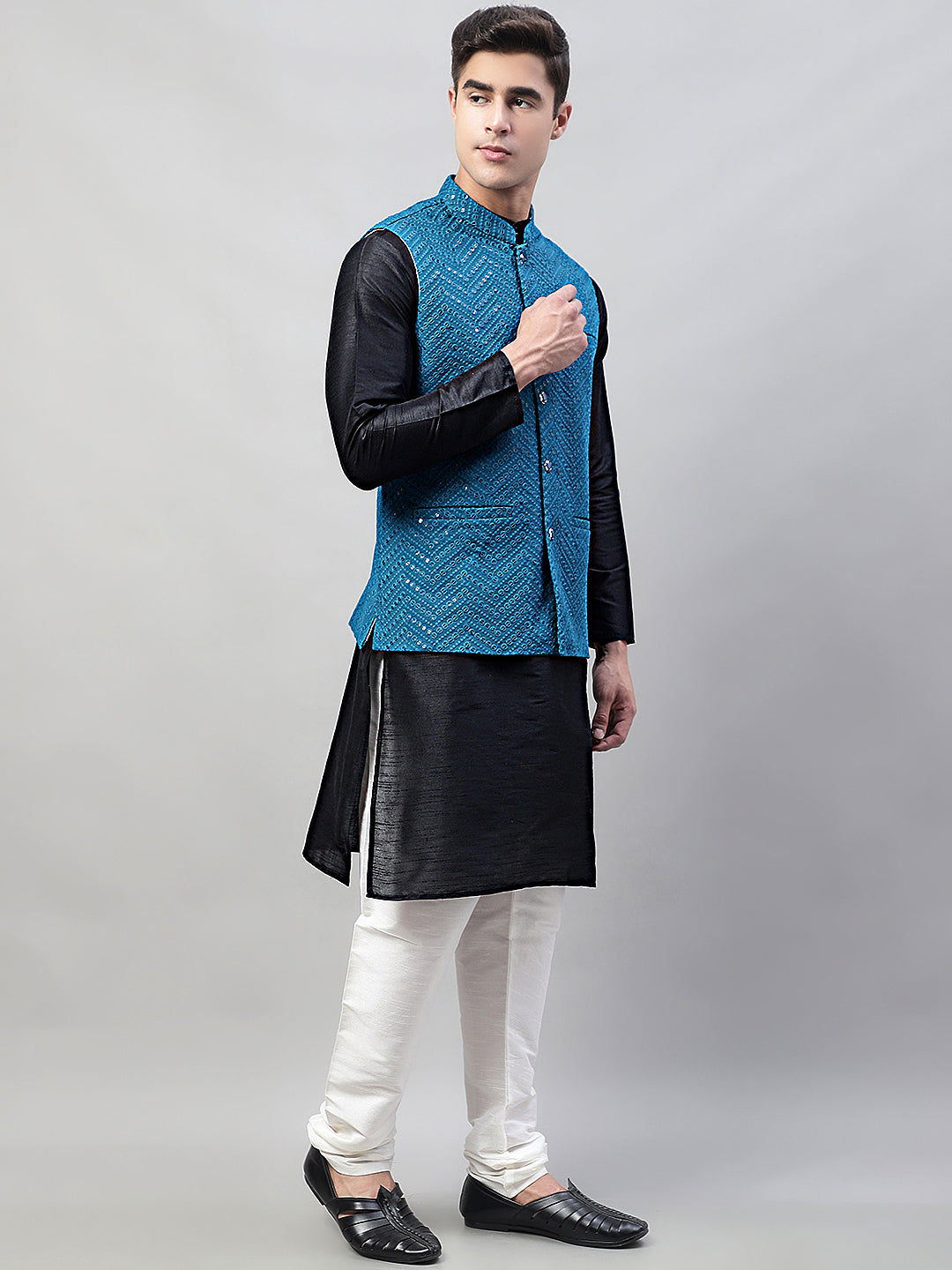 Black Kurta Pajama Set with Blue Nehru Jacket | Mens Kurta