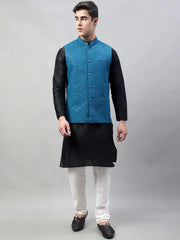 Men Black Solid Kurta Pyjama with Blue Embroidered Nehru Jacket