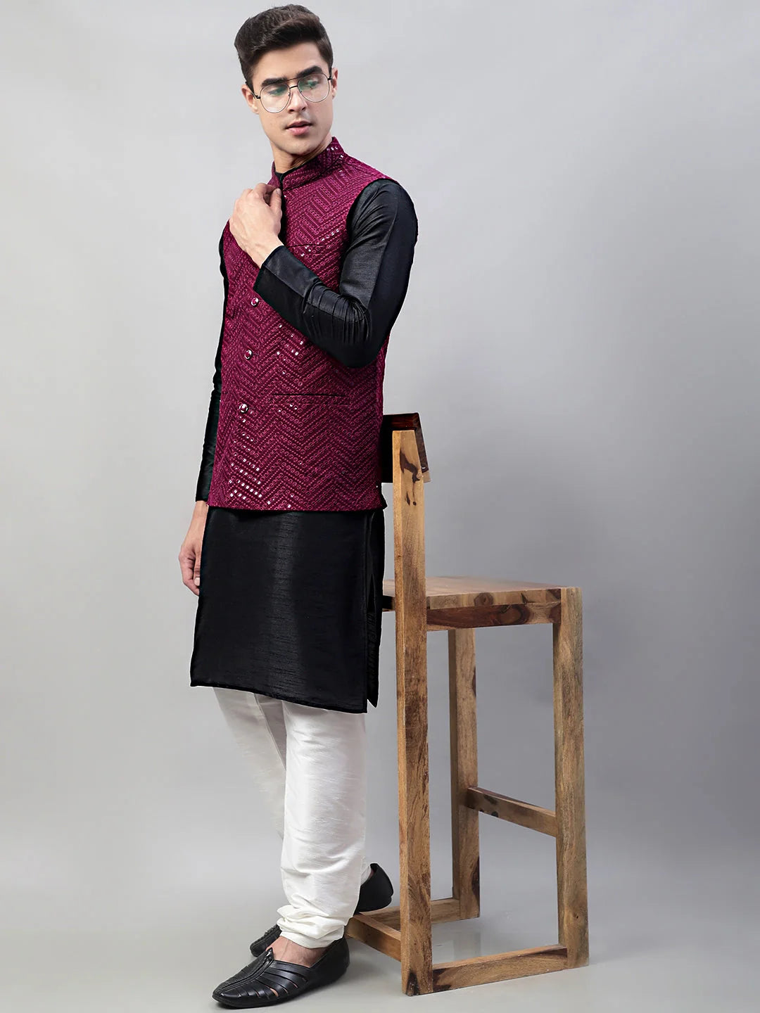 Black Mens Kurta Pajama Set with Purple Nehru Jacket | Rayon