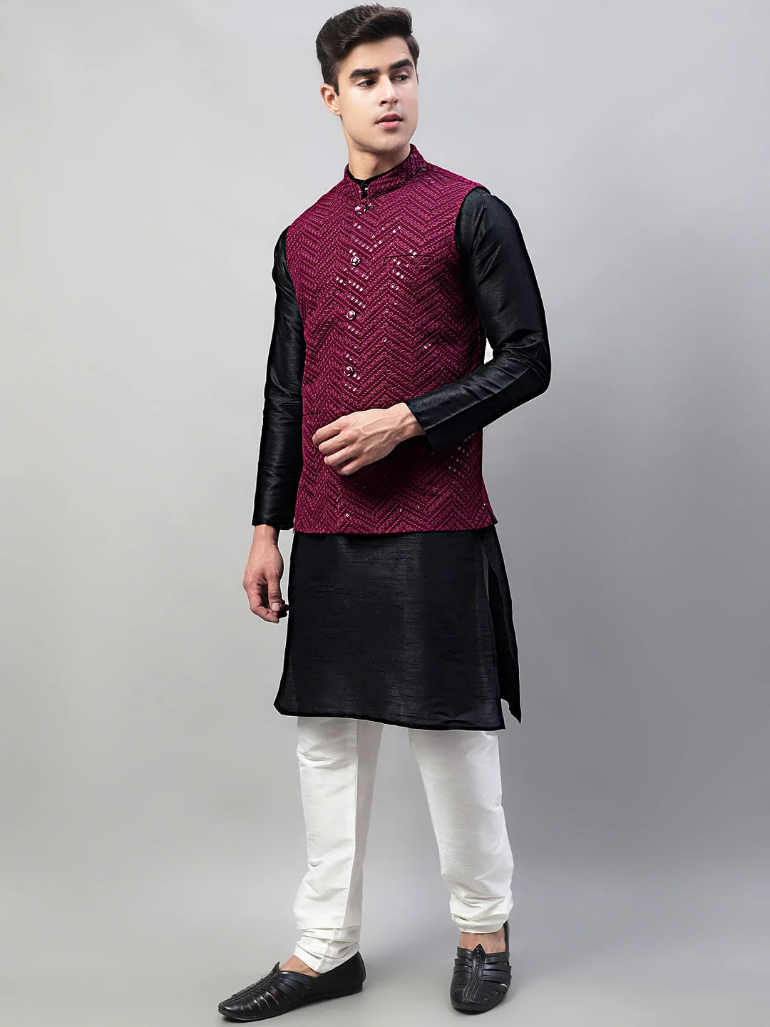 Black Mens Kurta Pajama Set with Purple Nehru Jacket | Rayon