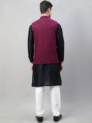 Men Black Solid Kurta Pyjama with Purple Embroidered Nehru Jacket