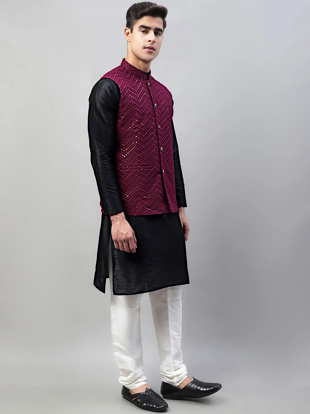 Black Mens Kurta Pajama Set with Purple Nehru Jacket | Rayon