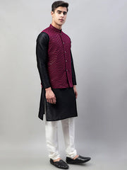 Men Black Solid Kurta Pyjama with Purple Embroidered Nehru Jacket