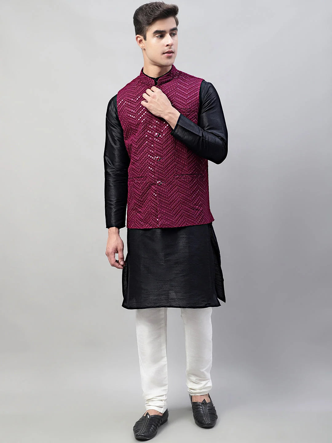 Black Mens Kurta Pajama Set with Purple Nehru Jacket | Rayon